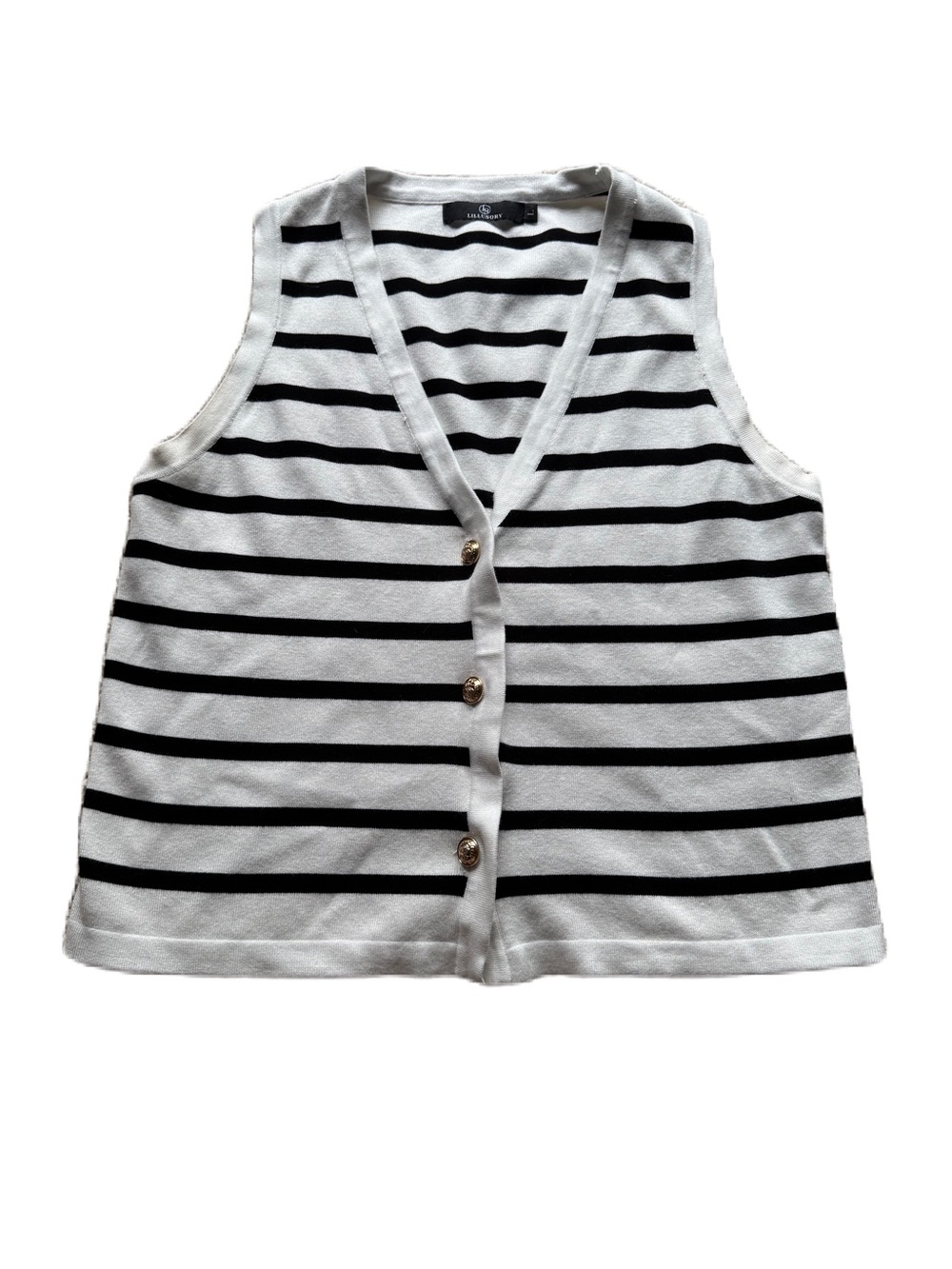 Striped V-Neck Button Front Women's Sweater Vest Top - Black & White